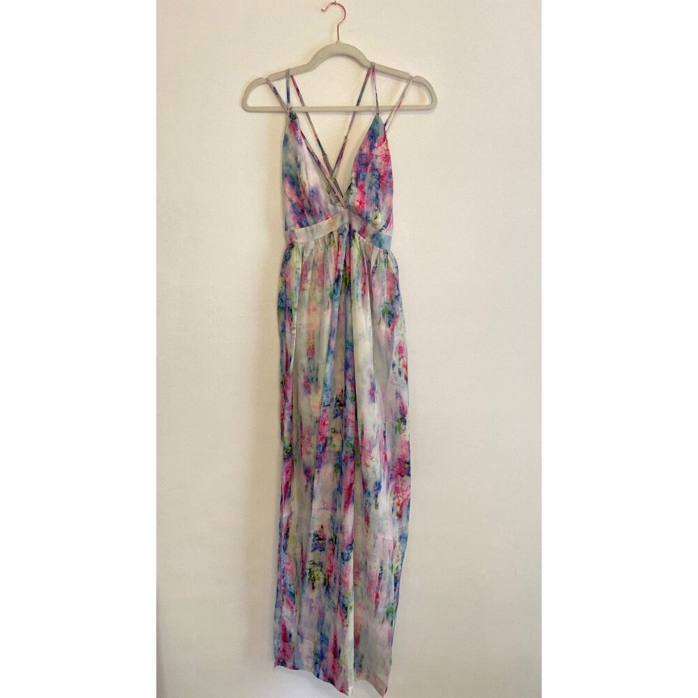 LAtiste By Amy Watercolor Maxi Dress With Strappy Back Design & Side Slit Size S